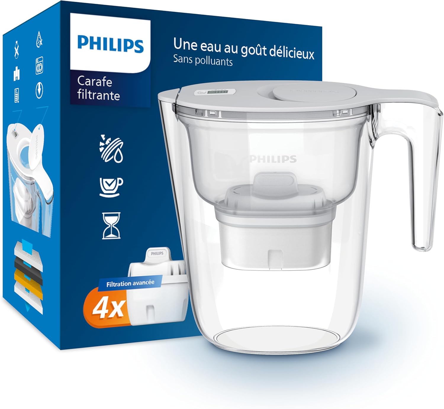 Philips Water Carafe filtrante avec 4 cartouches de remplacement, minuterie électronique, débit rapide, filtre le CHLORE, le CALCAIRE, les MÉTAUX LOURDS et les MICROPLASTIQUES, capacité de 2.6 L +4 cartouches filtrantes