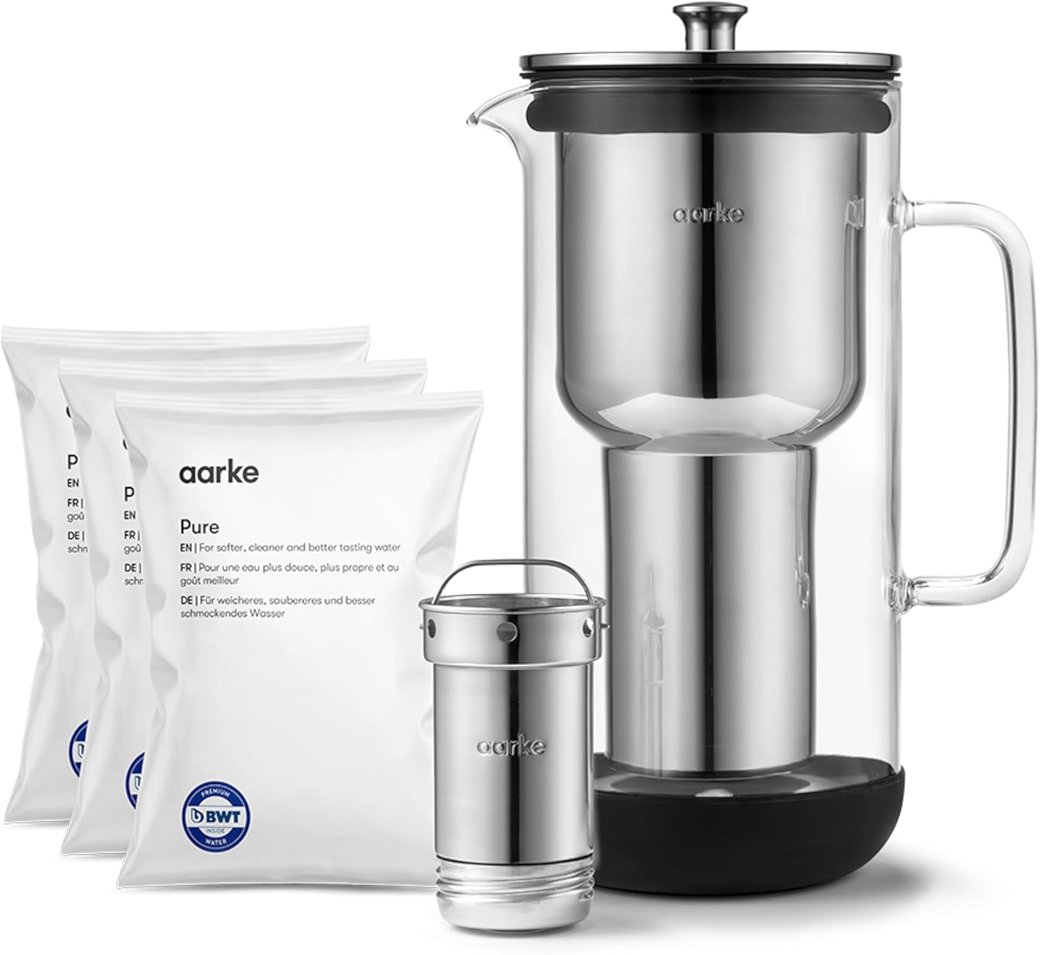 Purifier, Carafe d'eau Filtrante en Verre et en Acier Inoxydable, 2.4L + Lot De 3 Sachets De Recharge De Filtres Pure Purifier + Lot De 3 (Pure)