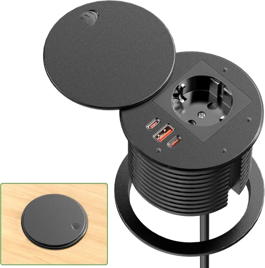 Prise Encastrable avec 2 USB C PD 35W et USB QC 30W, Multiprise Encastrable Plan de Travail avec Couvercle, Bloc Prise Escamotable pour la Cuisine, Le Bureau, Les Meubles, 1,8M de Câble, Noir