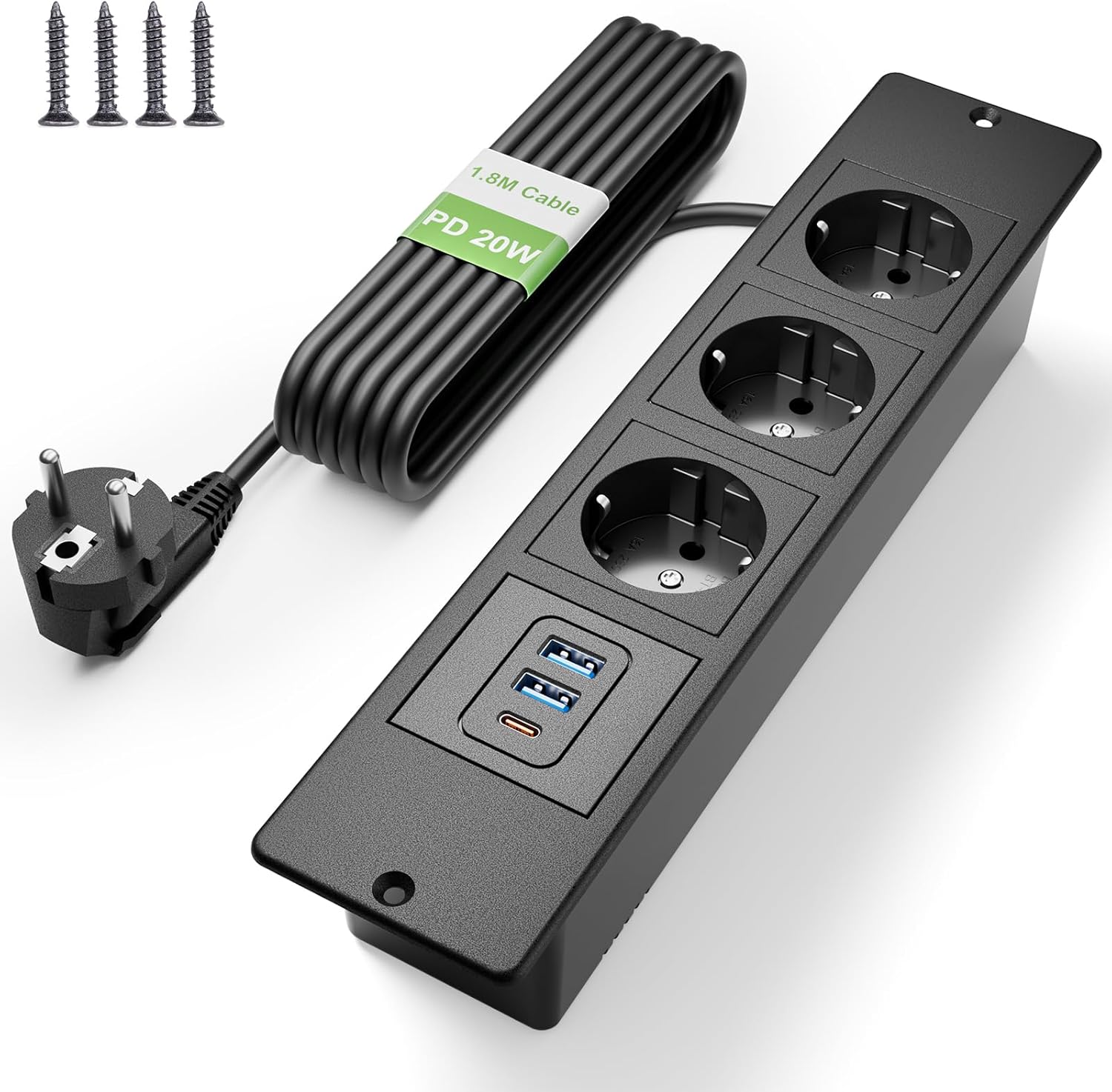 Prise Encastrable de Table USB C PD 20W, Multiprise Encastrable 3 Prises, Prise de Table, Multiprise pour Meuble ou Plan de Travail, Câble 1,8m, Noir