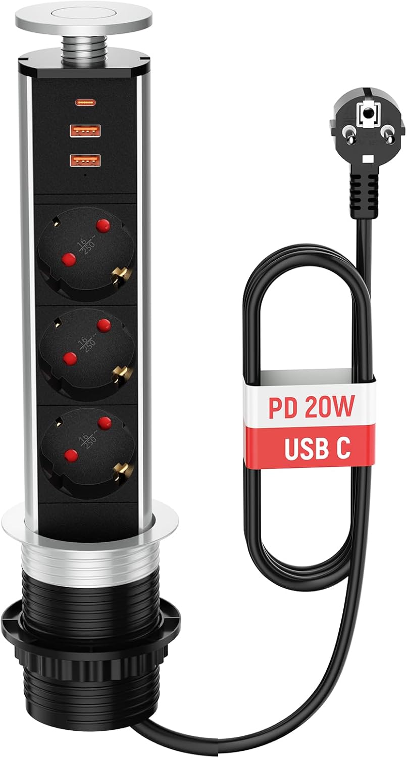 Bloc Prise Escamotable 3 Prises 2 USB et USB C, Multiprise Electrique Escamotable Prise pour Plan de Travail Encastrable pour Cuisine, Bureau, Câble 1,8m, Diamètre 60mm argent