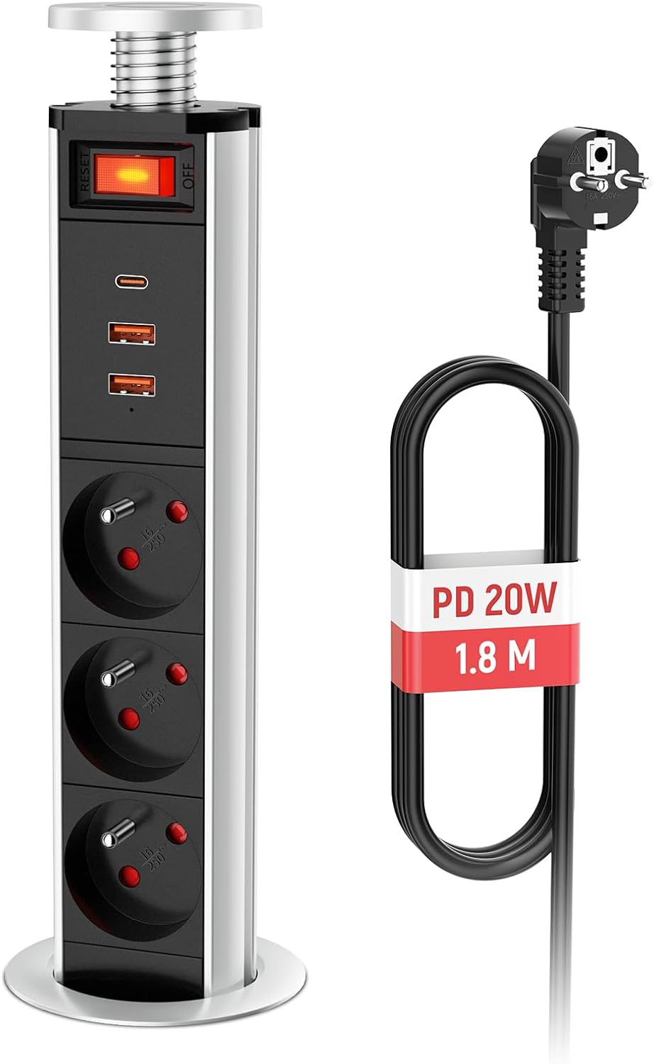 Prise Encastrable Plan de Travail avec Interrupteur, Multiprise Encastrable Bloc Prise Escamotable 3 Prises Française avec USB C PD20W, Bloc Prise Encastrable Plan de Travail Cuisine 16A, Câble 1,8m FR Prise argent