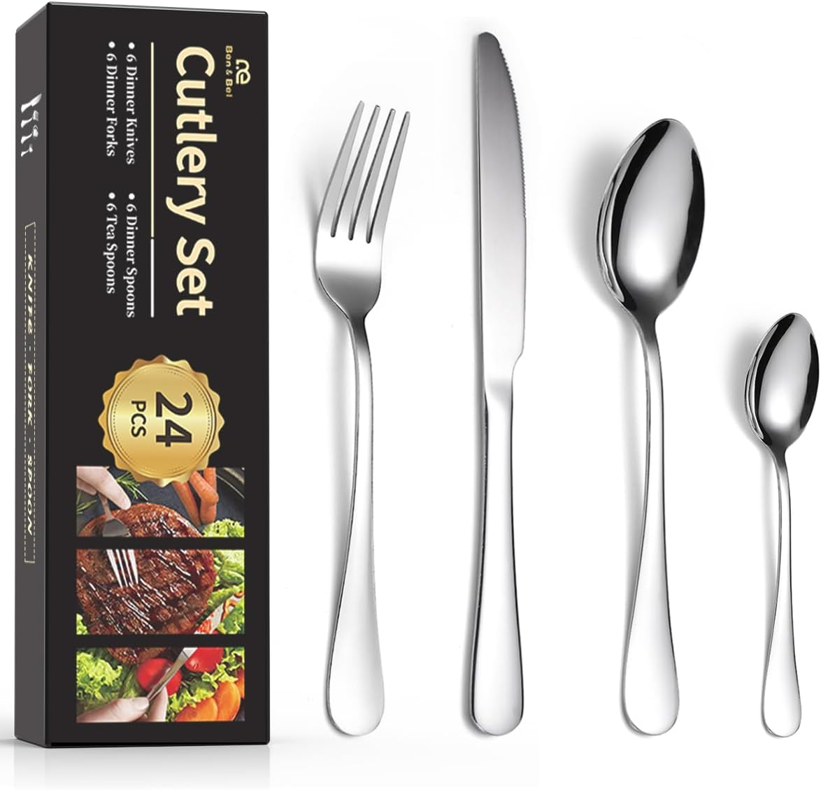 Ben & Bel Lot de 24 couverts en acier inoxydable pour 6 personnes Facile à nettoyer et passe au lave-vaisselle 24Pcs