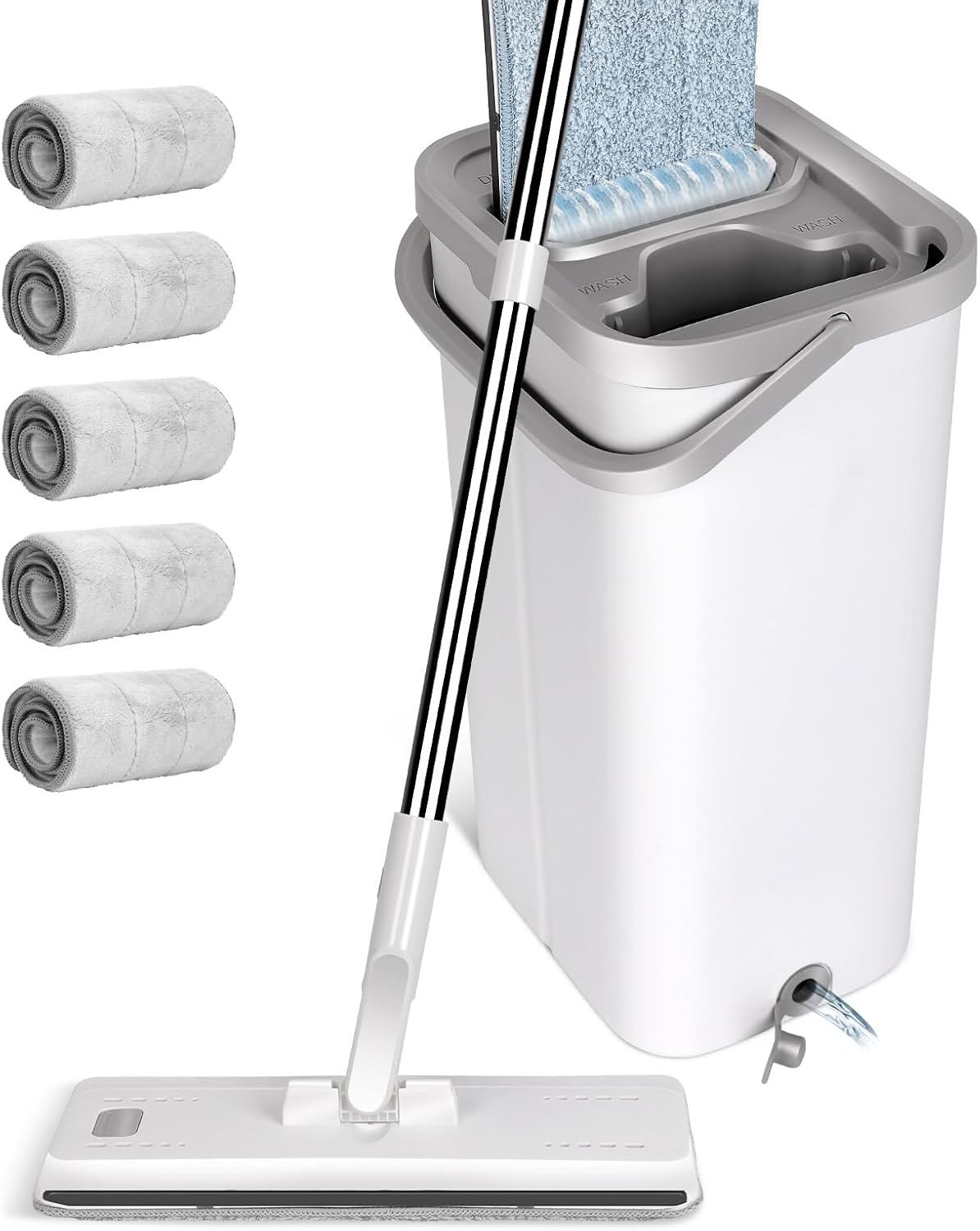 Balai Plat Microfibre 140cm et Seau Essoreur, Serpillière Plat Rotative 360° avec 5 Serpillères Réutilisables, Vadrouille de Mains Libre pour Sols Bois, Stratifiés, Carrelage et Marbre Blanc