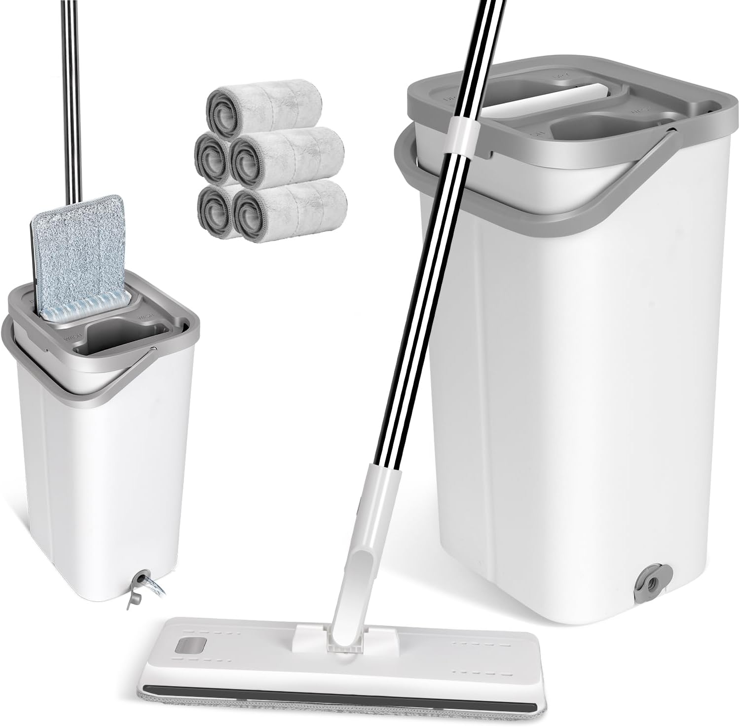 Serpillière Seau Essoreur, Masthome Serpillère Microfibre Plat avec Manche INOX, Balai Plat Rotative 360° avec 5 Serpillères Réutilisables, Balai Serpillière pour Nettoyage Tous Types de Sols Blanc+Gris Clair Inox