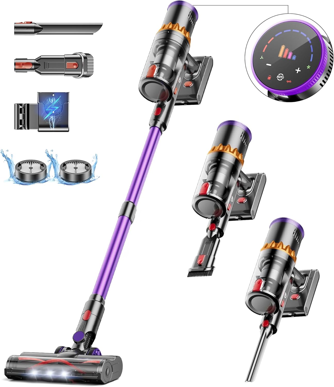 550W/45000Pa Aspirateur Balai sans Fil, 70 Mins Aspirateur sans Fil Puissant avec LED Écran Tactile et Brosse Anti-Emmêlement, 1,5L Aspirateur Balai pour Les Poils d'animaux/Tapis/Sols Durs