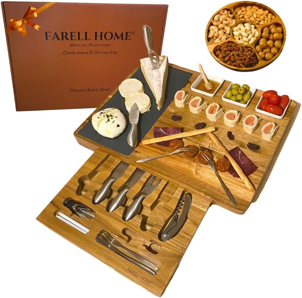 ® – Plateau a Fromage & Charcuterie en Bois d'Acacia - Planche Complet pour l’Apéro – Couverts, Ardoise et Ramequin – Coffret Dégustation – Idée Cadeau - (Rectangulaire)