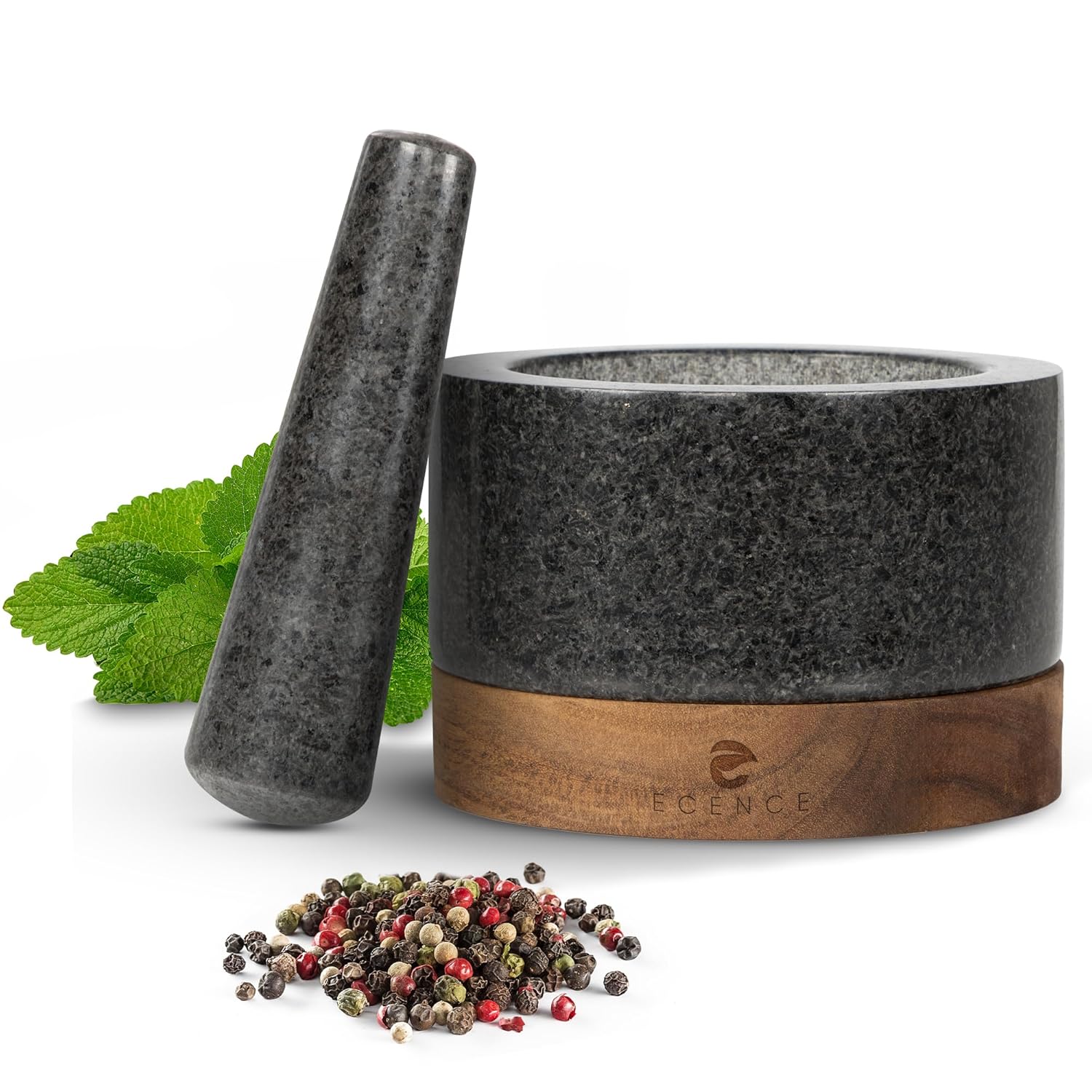 Mortier et pilon de Cuisine en Bois d'acacia et Granit - solide mortier pilon cuisine à épices pour un broyage parfait - Grand mortier et pilon Ø11cm