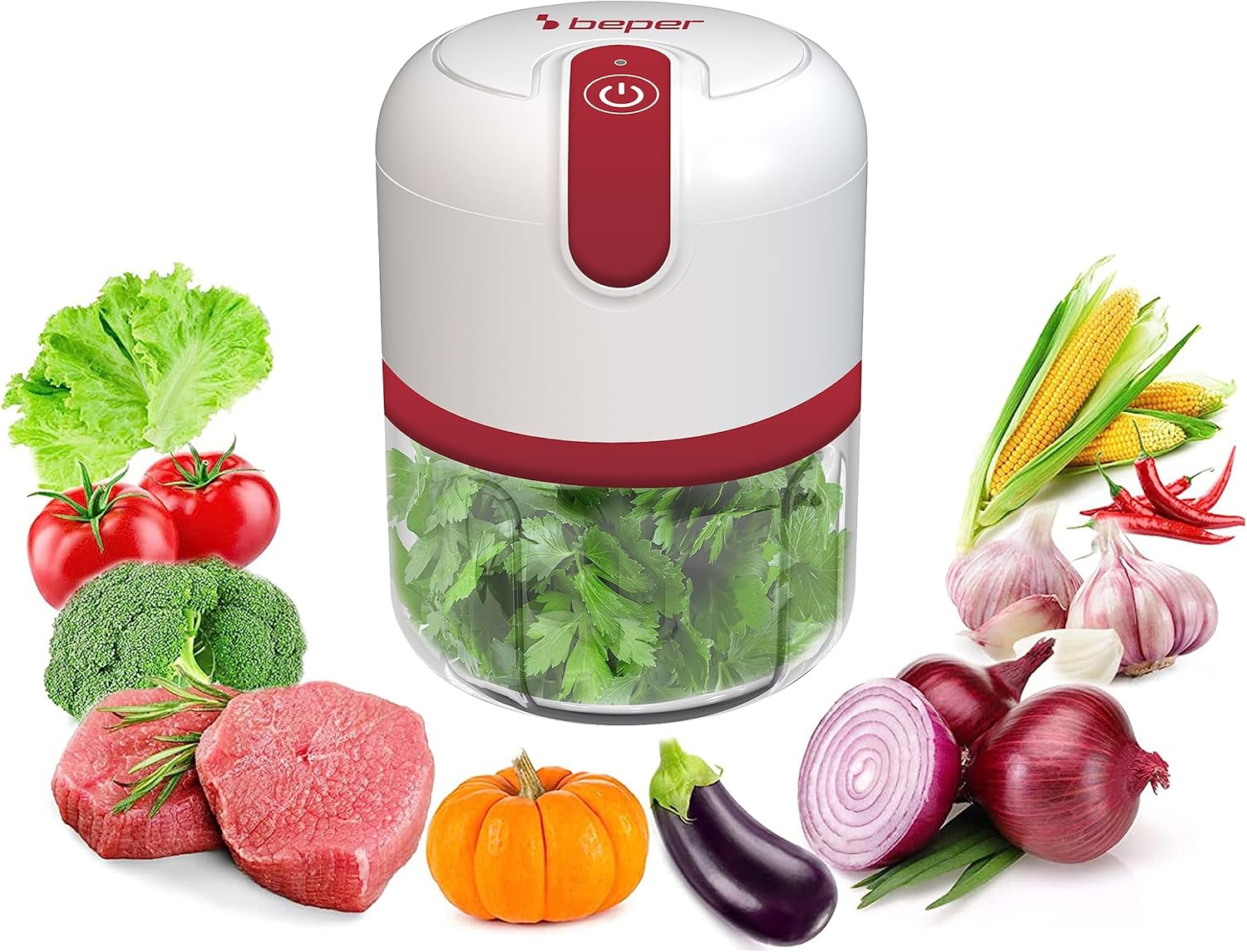 P102ROB050 Hachoir Rechargeable USB, Mini Robot de Cuisine, Capacité 250 ml, Puissance 3,7 V, 3 Lames en Acier Inoxydable, Batterie Rechargeable, Rouge/Blanc Hachoir rechargeable USB 0.25 L