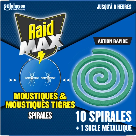Max Spirales - Anti-Moustiques & Moustiques Tigres - Action Rapide - Protection Efficace En Extérieur - 10 Spirales + 1 Socle Métallique 10 Spirales Raid Max