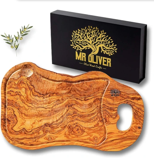 MrOliver® Saturn Planche à découper en bois d'olivier naturel - Planche à découper de cuisine professionnelle - Accessoires de cuisine design - Planche à découper en bois grand pour apéritif, viande, 1 Planche À Découper 35-38 cm