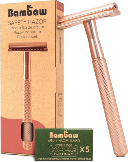 Rasoir de Sécurité Femme Or Rose avec 5 Lames Rasoir de Surete - Rasoir Femme en Métal - Compatible avec Toutes Lames Doubles - Rasage Femme - Beauté Zéro Déchet - Rasoir Manuel Femme - Bambaw