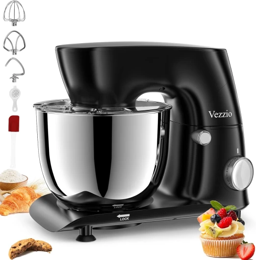 Vezzio Batteur Sur Socle, 5.5 Qt, 10 Vitesses, TêTe Inclinable, Batteur De Cuisine Avec Bol En Acier Inoxydable, Crochet à PâTe, Fouet, Batteur, SéParateur De Blancs D'Oeufs - (Noir)