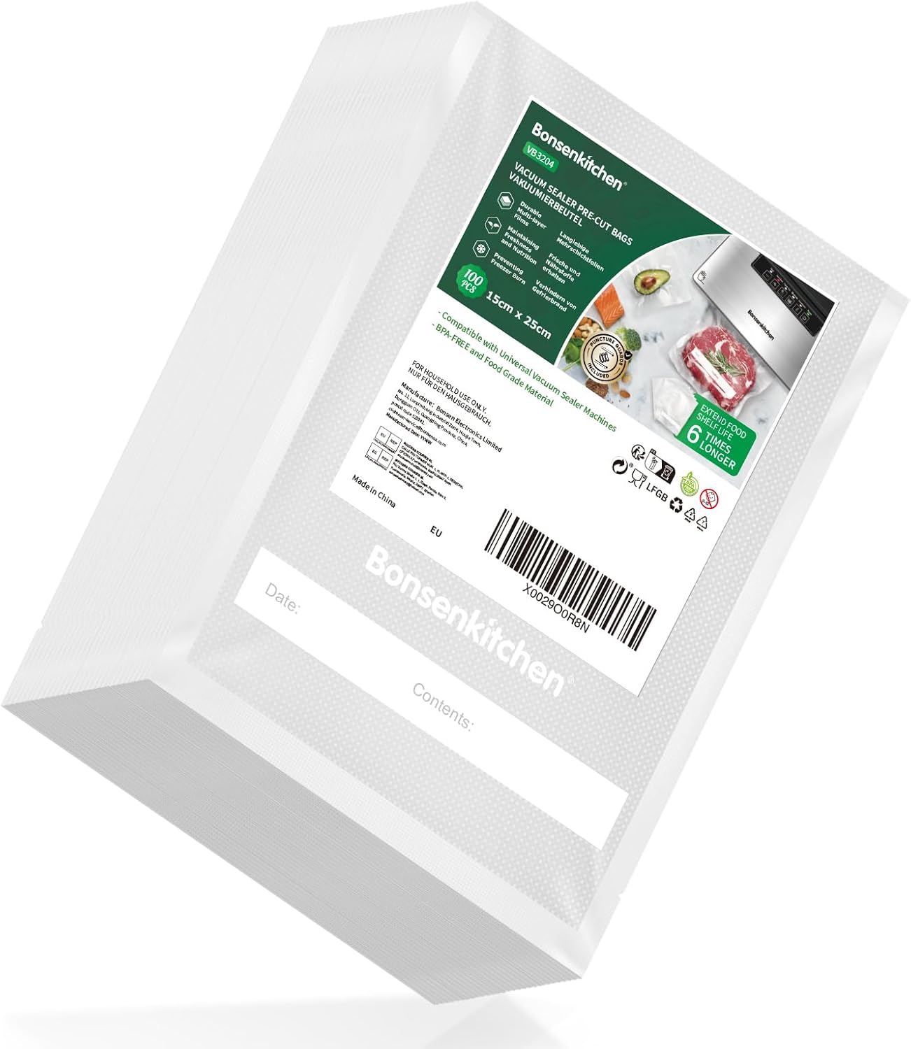 Sacs Sous Vide Alimentaire 100 Sachets 15x25 cm pour Machine Sous Vide - Sacs à Faire le Vide d'air Gaufrés pour la Conservation des Aliments et la Cuisson & Boilable, VB3204 15x25cm (100 Sacs)