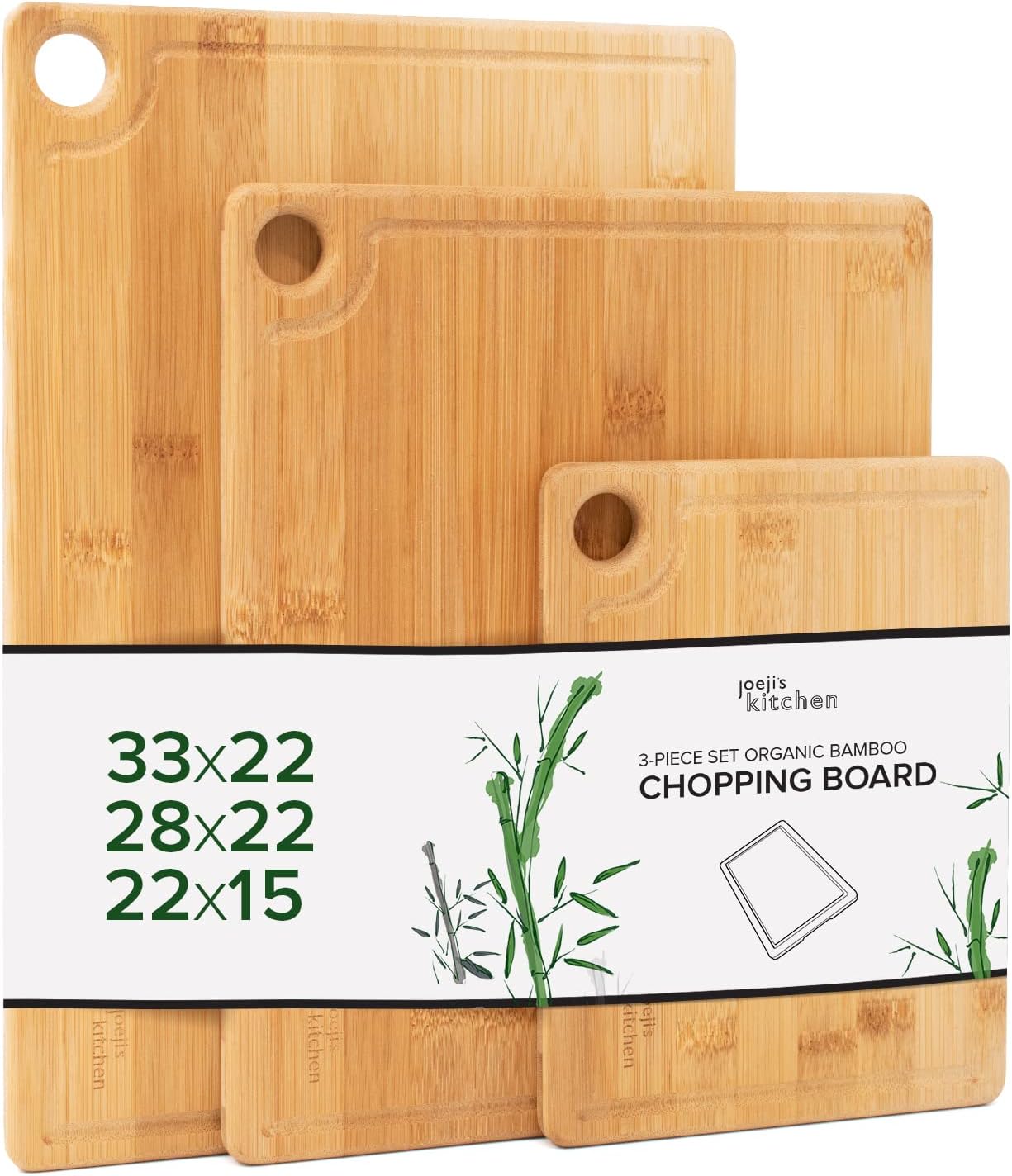 Joeji's Kitchen Set de 3 Planches à découper en bambou -Planche bois planche a decouper résistante20x15 cm 28x22 cm & 33x22 cm Planche à découper de cuisine en bois