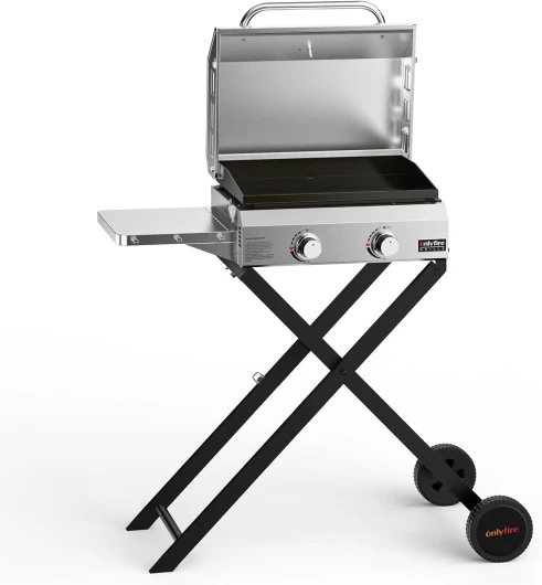 Barbecue Gaz 2 Brûleurs en Acier Inoxydable avec Table D'appoint, Chariot, Plaque de Gril en Revêtement Céramique Antiadhésif, Plancha Gaz Exterieur pour Extérieur Camping Balcon, 4,7 kW avec couvercle et support