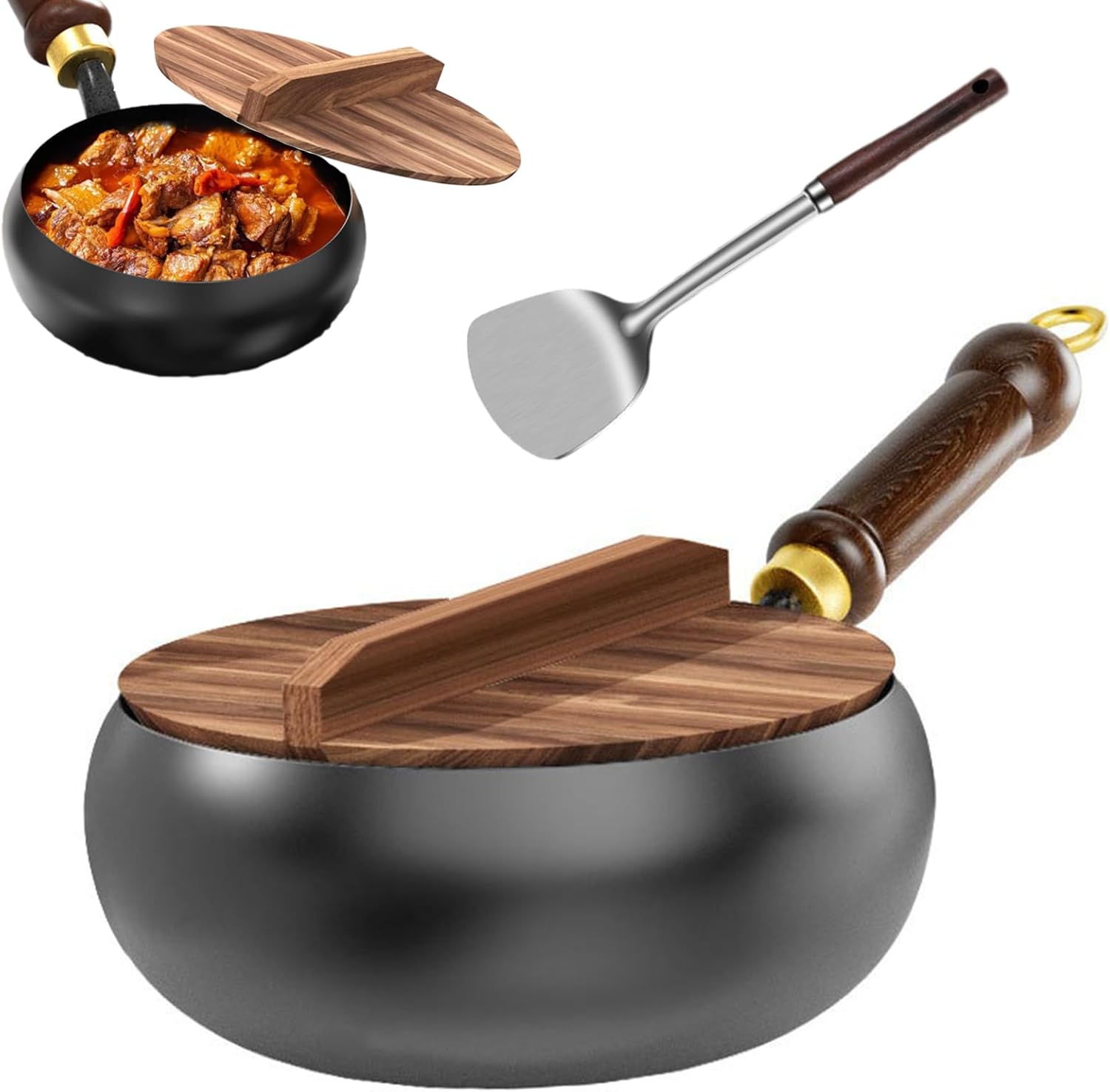 Bienll Poêle en fer japonaise anti-adhésive forgée à la main avec couvercle en bois, sans revêtement non revêtu, pour cuisson naturelle, cuisinière à gaz (couvercle en bois - 24 cm) Couvercle en Bois de 24 Cm