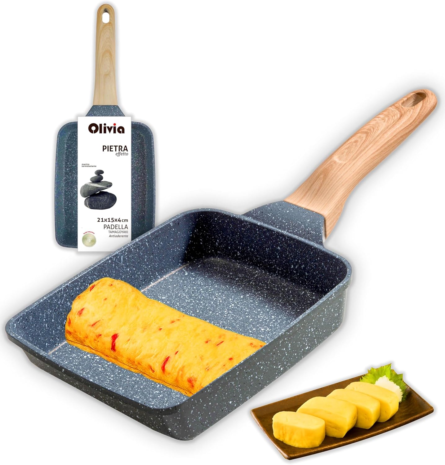 IPEA Poêle pour Tamagoyaki Omelette Japonaise Anti-Adhésive - Pour induction et Gaz - 21 cm - Poêle en Aluminium Anti-adhésive pour Mmelette, Crêpes, Oeufs - Carré - Poignée Super Comfort