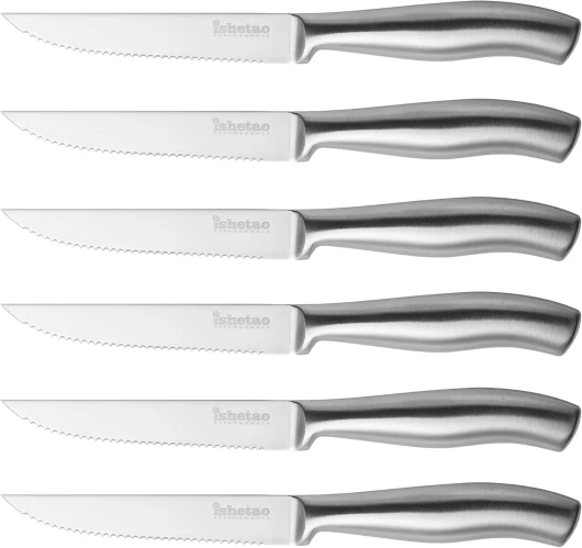 IsheTao Couteau à Steak, 6 couteaux à steak en acier inoxydable, ensemble de couteaux à steak dentelés, couteau de table, couverts à steak de cuisine, passe au lave-vaisselle, 23CM