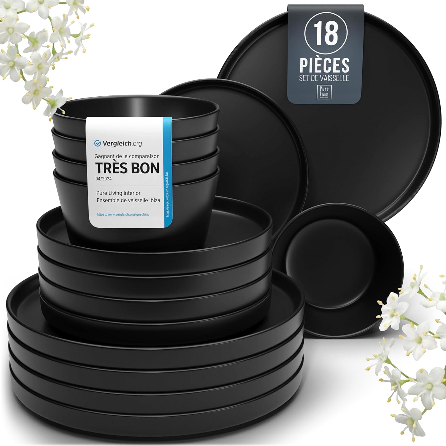 Ensemble de Vaisselle en Grès Noir Manhattan 18 pièces - Service de Table 6 Personnes - Design Urbain Élégant - Assiettes Noires Mattes - Compatible Lave-vaisselle et Micro-ondes - Style Urbain Chic Set de 18 pièces