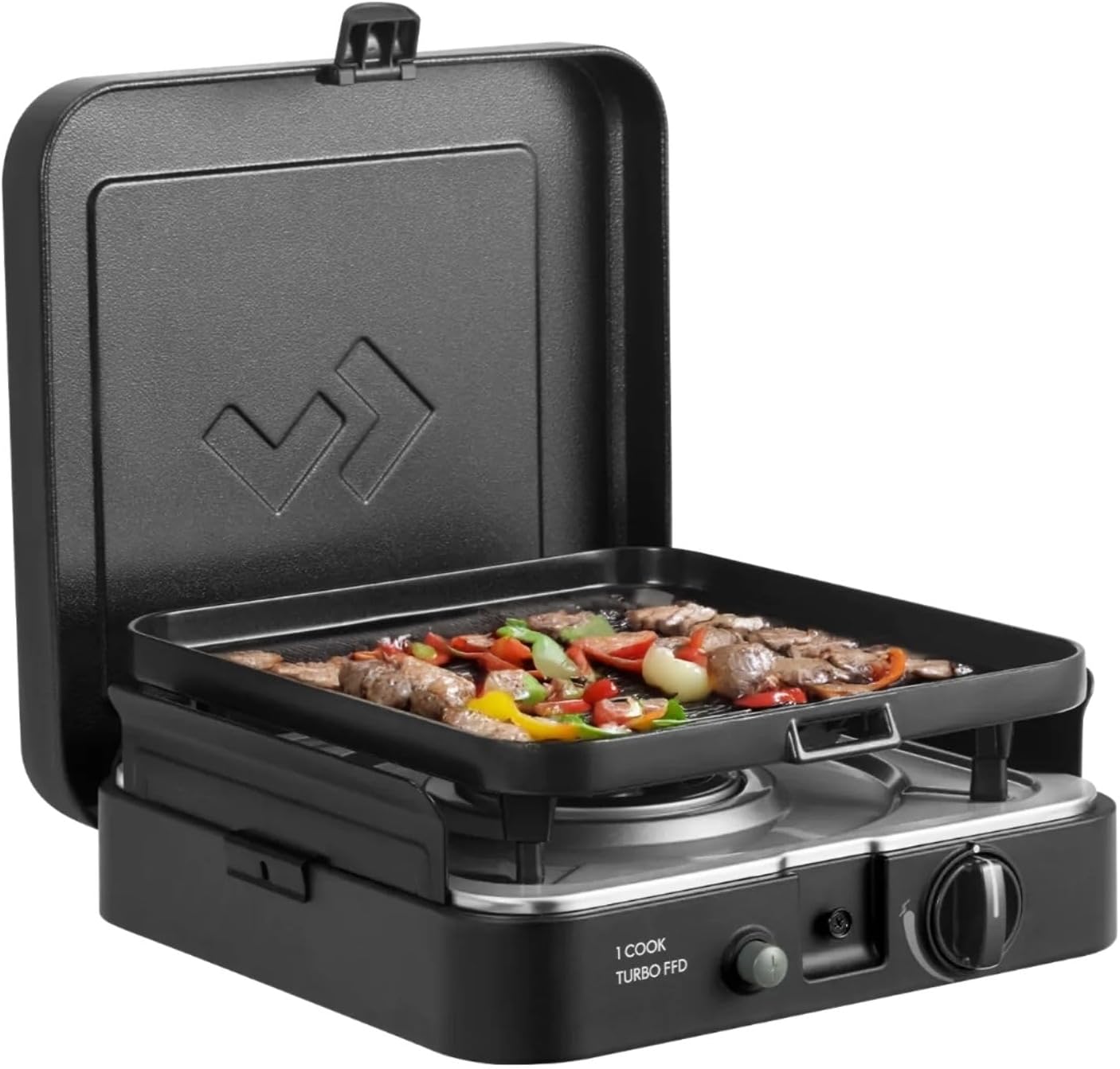 1 Cook Turbo FFD Flat Plate - barbecue - Barbecues portables - Surface de cuisson en acier inoxydable - Incl - Housse de protection - Camping - Les incontournables du barbecue - Noir 1 Cook Turbo Stove 30mBar + Flat Plate