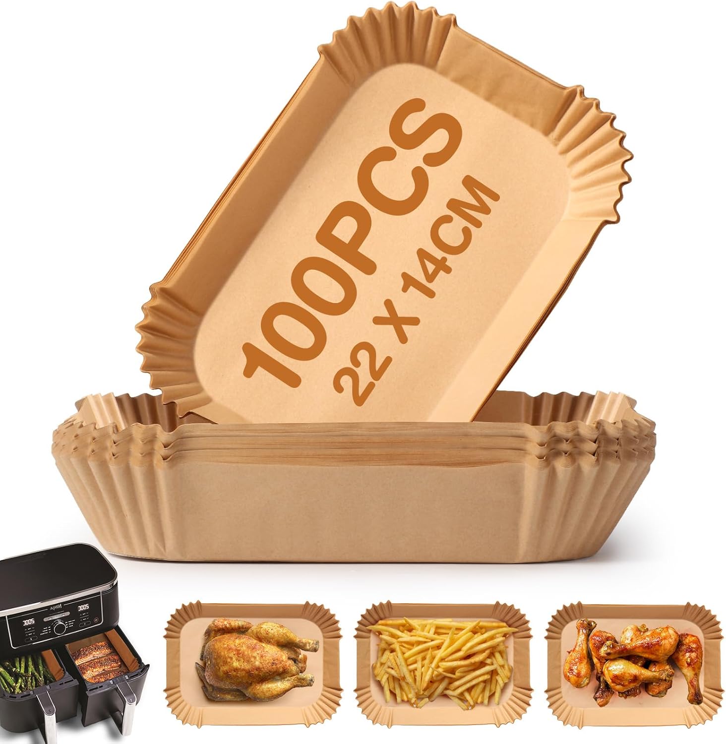 Papier Sulfurisé Air Fryer, 100 Pièces 22x14cm Papier Cuisson Air Fryer, Antiadhésive Disposable Paper Liners pour Ninja AF300EU/AF400EU/Cecotec/Masterpro Double Airfryer (Rectangulair)