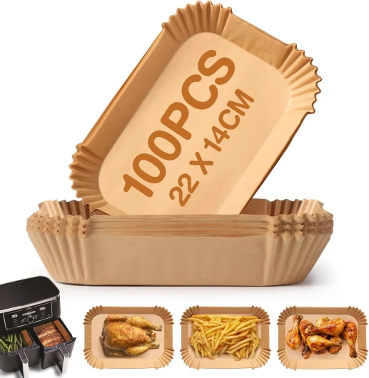 Papier Sulfurisé Air Fryer, 100 Pièces 22x14cm Papier Cuisson Air Fryer, Antiadhésive Disposable Paper Liners pour Ninja AF300EU/AF400EU/Cecotec/Masterpro Double Airfryer (Rectangulair)