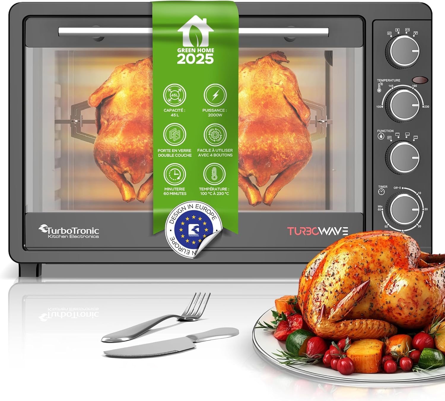 TurboTronic Four Compact avec Convection & Rôtissoire, 45L, 2000W – Mini Four Polyvalent pour Cuisson Rapide et Économique, Idéal pour Petites Cuisines et Camping