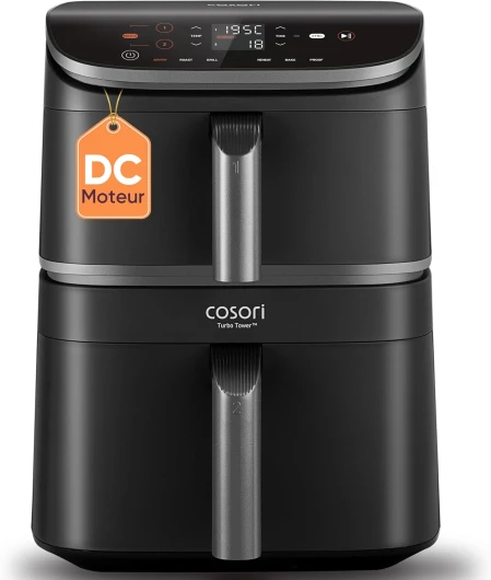 Air Fryer Turbo Tower 10,8L, Friteuse Sans Huile à 2 Tiroirs, 3 Niveaux Cuisson,6-en-1,Design compact et Empilable,41 Pour Cent Moins Large que les Double Airfryer Traditionneles,300+ Recettes Turbo Blaze 10.8L Noir