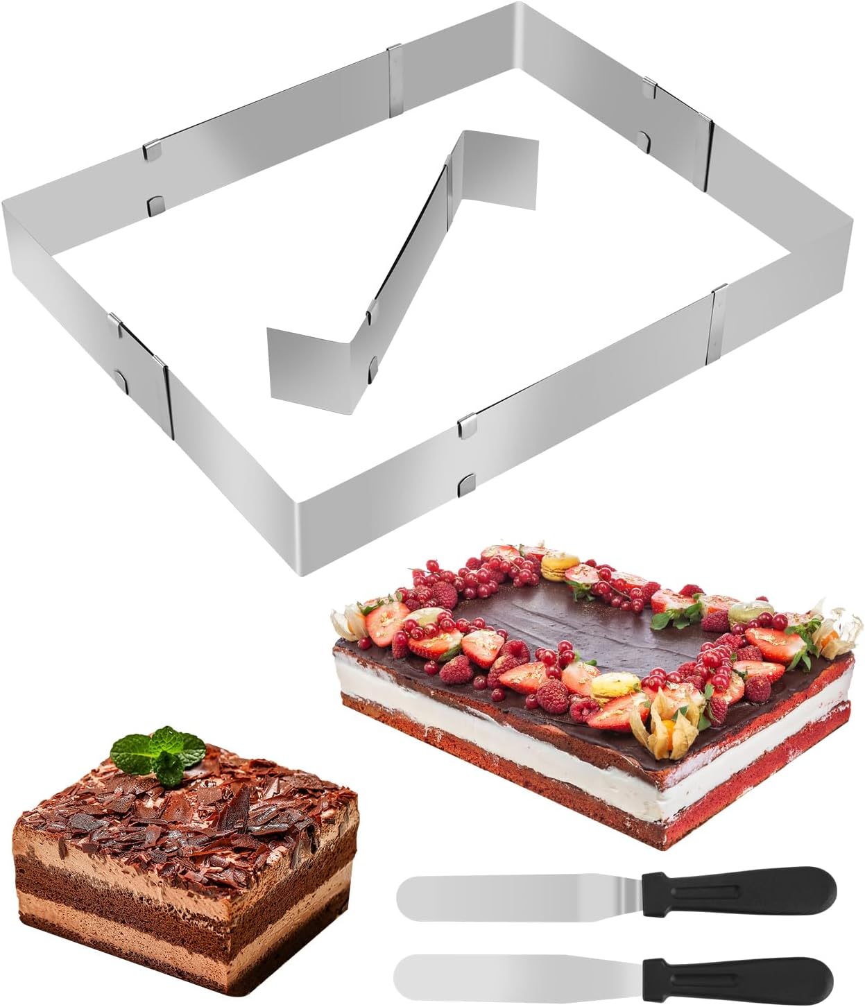 TIDEVAN Moule Pâtisserie en Acier Inoxydable Cadre Rectangulaire Réglable Moule Professionnel Rectangulaire Cadre Pâtisserie pour Dessert Gâteau avec 2 Spatule la Hauteur 5 cm 18 à 28 cm x 33 à 53 cm