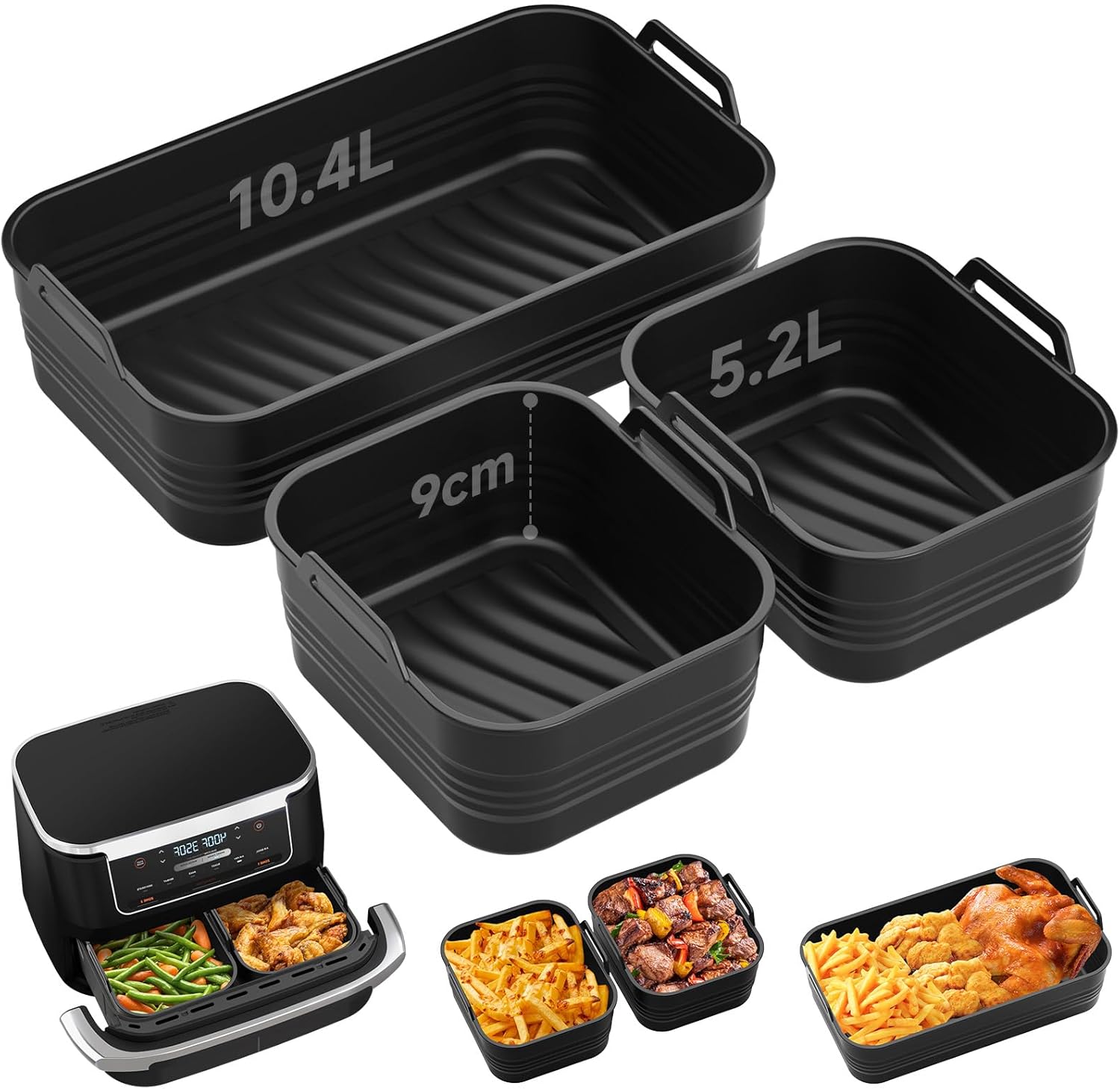 Moule Silicone Air Fryer, 3 Pièces Plat pour Airfryer Réutilisable Panier Friteuse Air Chaud Moules Pliable Barquette Bac Ustensile Liners pour Friteuse à Air 10L/10,4L (1x10,4L+2x5,2L)