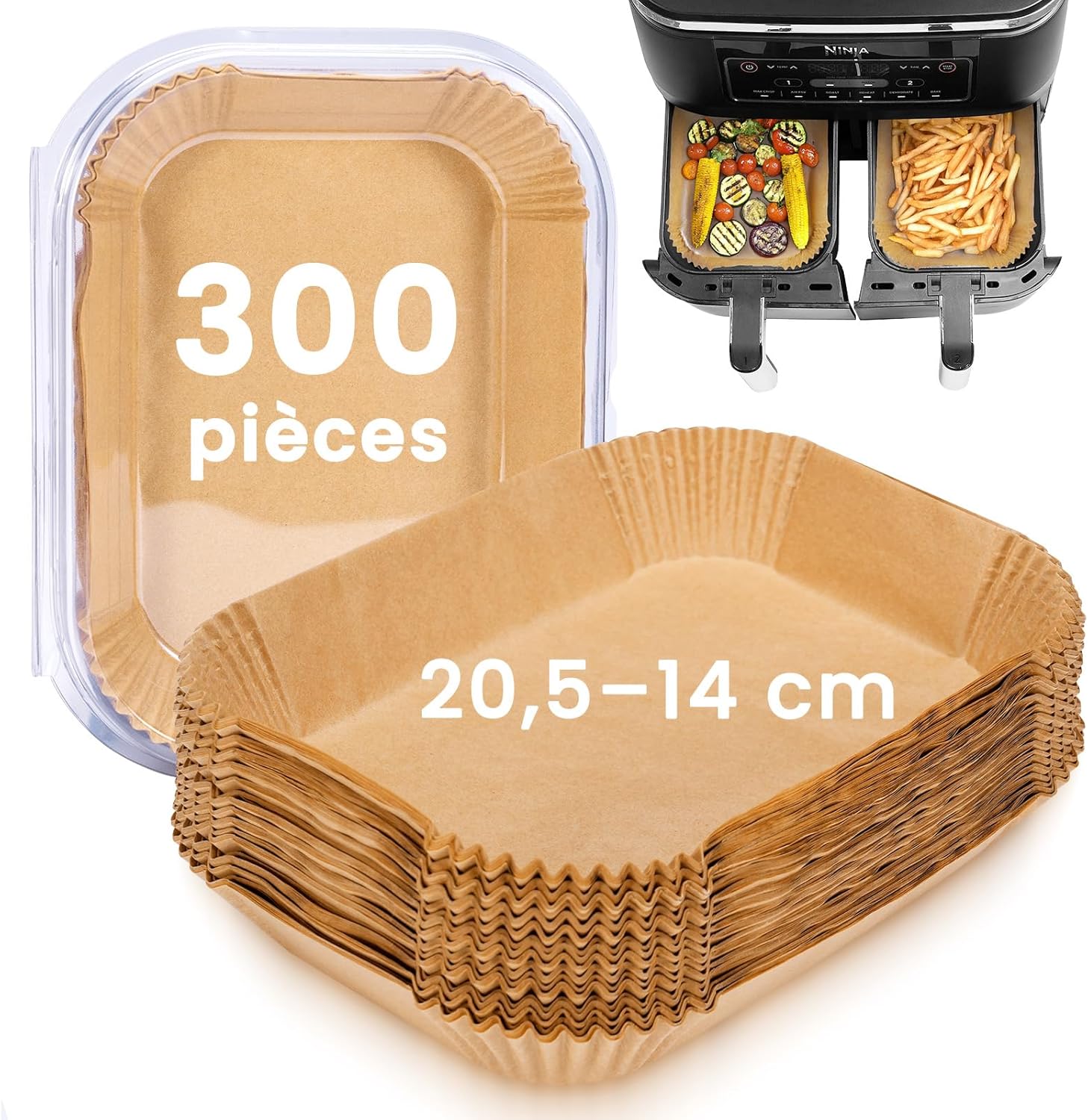 Tuocal Papier Cuisson pour Ninja Air Fryer, 300 Pièces 20,5x14cm Rectangulair Paper Liners Friteuse Sans Huile Accessoires compatible avec Ninja AF300EU/AF400EU et autres Double Airfryer