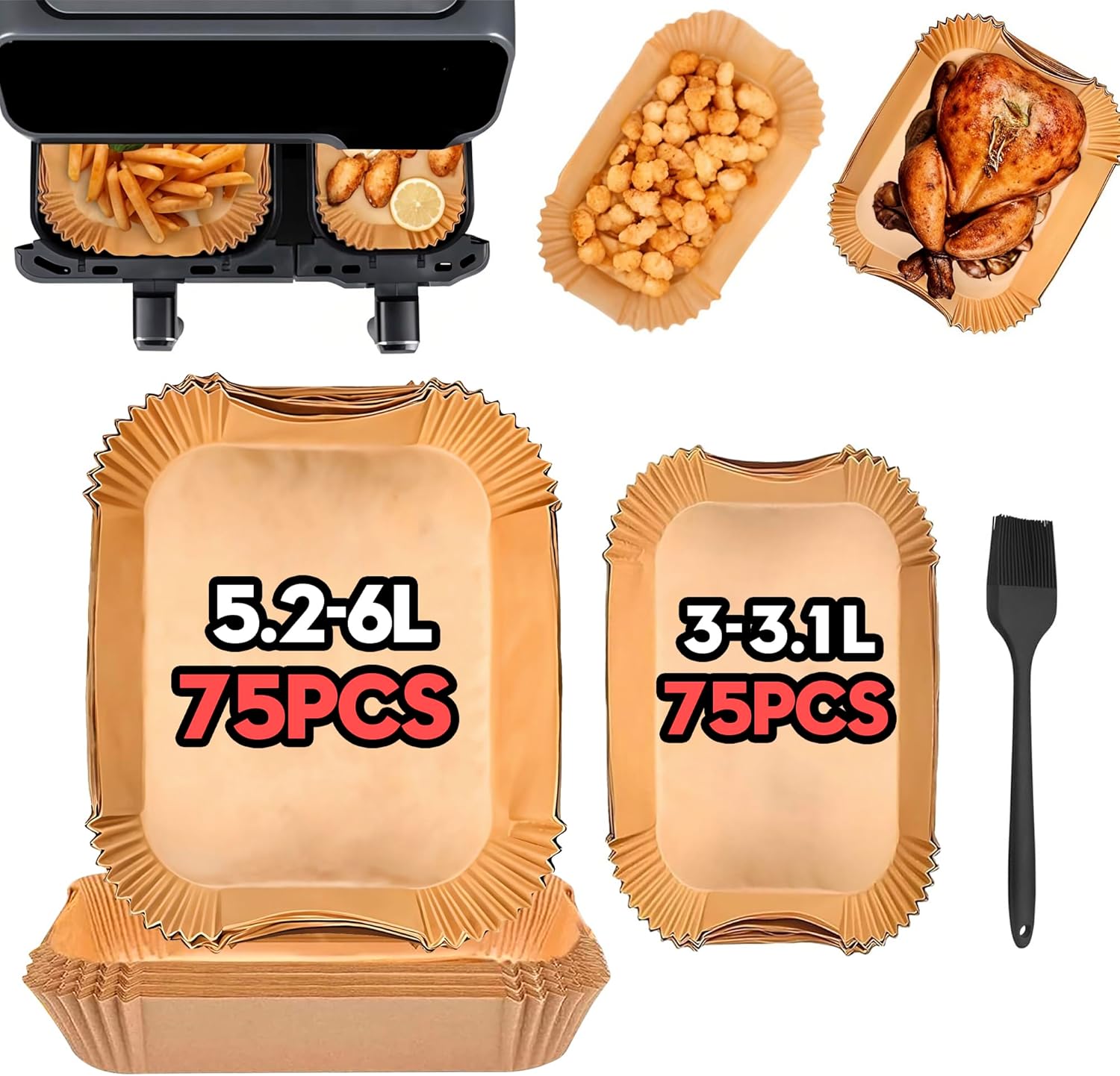 Ninipie Papier Cuisson Air Fryer Accessoires pour Philips Dual Basket Airfryer Série 3000 NA350, 150PCS Air Fryer Parchemin Moule Accessoires pour Philips Airfryer 6L/3L & Moulinex EZ901820 5,2L/3,1 L Marron 150 Pièces 3L+6L