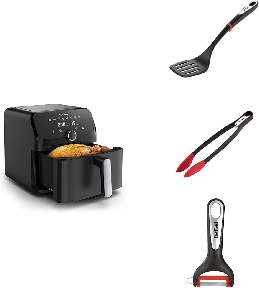 LOT Moulinex Easy Fry Mega Air fryer compact, Mono tiroir 7.5 L, Jusqu’à 8 personnes, noir + 3 ustensiles Tefal - Epluche légumes K2071814 + pince à aliments K2060714 + spatule K20608