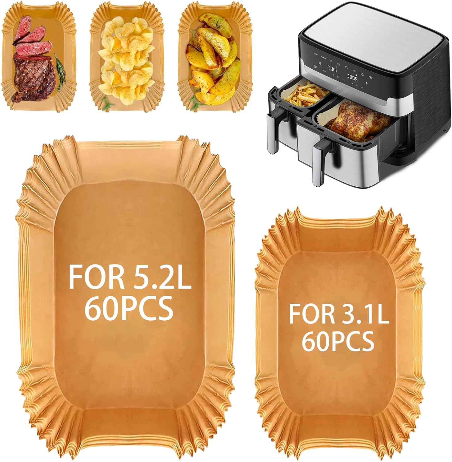 Feelhap Papier Cuisson AirFryer pour Moulinex EZ901820 5,2/3,1 L, 120pcs Accessoires Airfryer pour Philips Dual Basket Airfryer série 3000, Papier Air Fryer Papier Cuisson pour Lakeland Tower Salter 60pc 5,2l + 60pc 3,1l