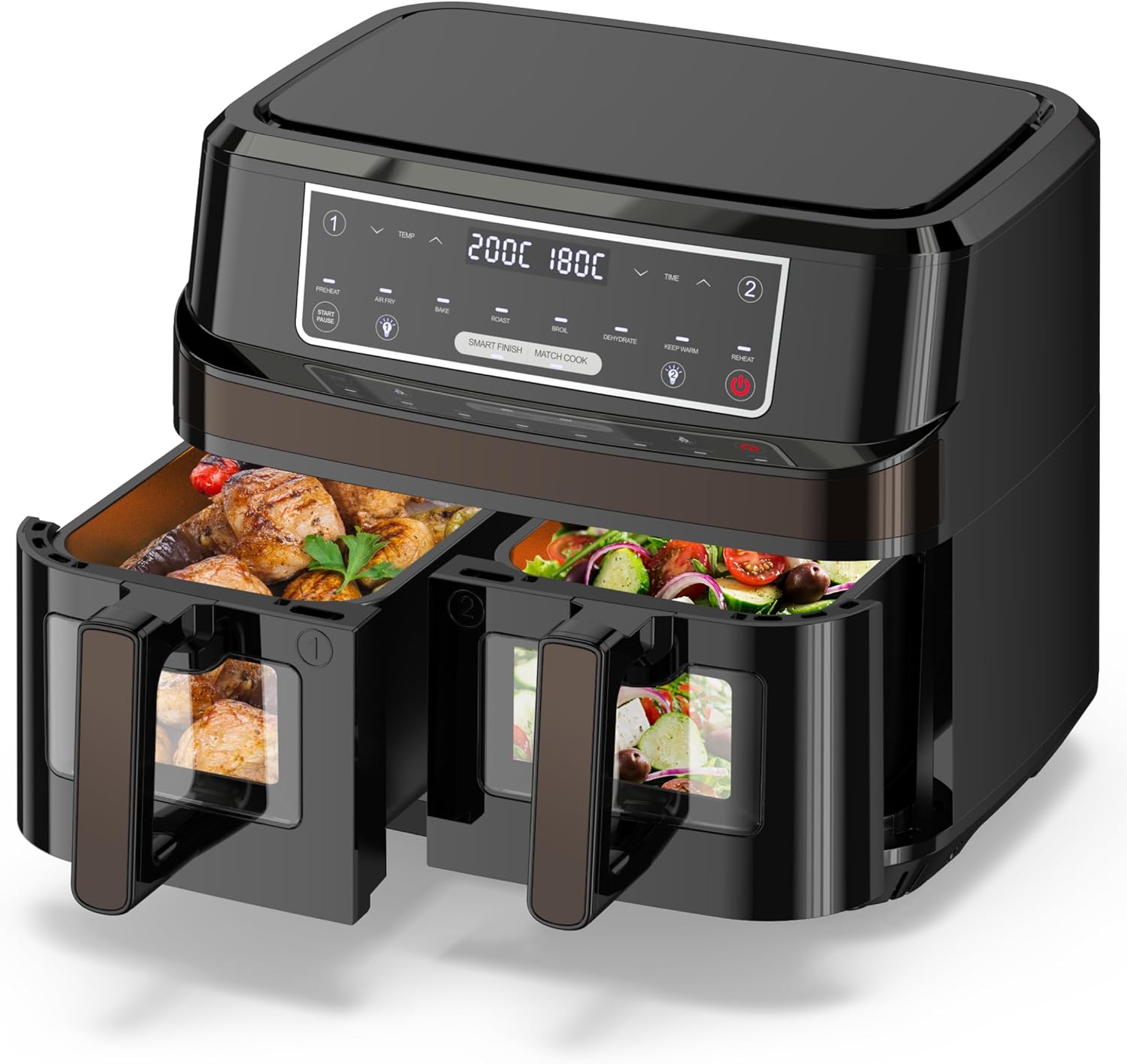 Friteuse à Air Chaud 2 Chambres - Friteuse à Air XXL 10L Fenêtre Visualisée, Friteuse à Air Flamme à Double Zone 8 en 1 av 2* 5L Tiroirs, Friteuse à Air Chaud à Double Chambre Cuisiner av Moins Dhuile 10 Litres