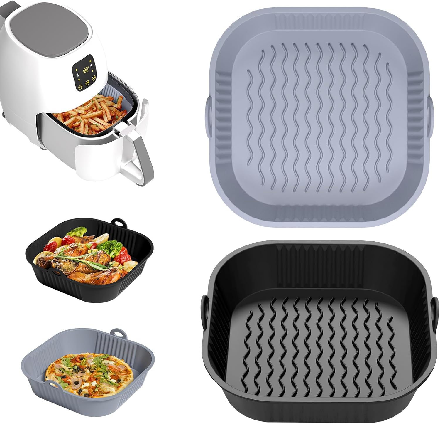 Moule Silicone Air Fryer Accessoires 5-8 L, 2Pcs 21cm Plat Silicone Air Fryer, Panier Moule pour Friteuse à Air Chaud, Doublures Silicone pour Friteuse Air, Micro-ondes, Four (Gris et Noir)