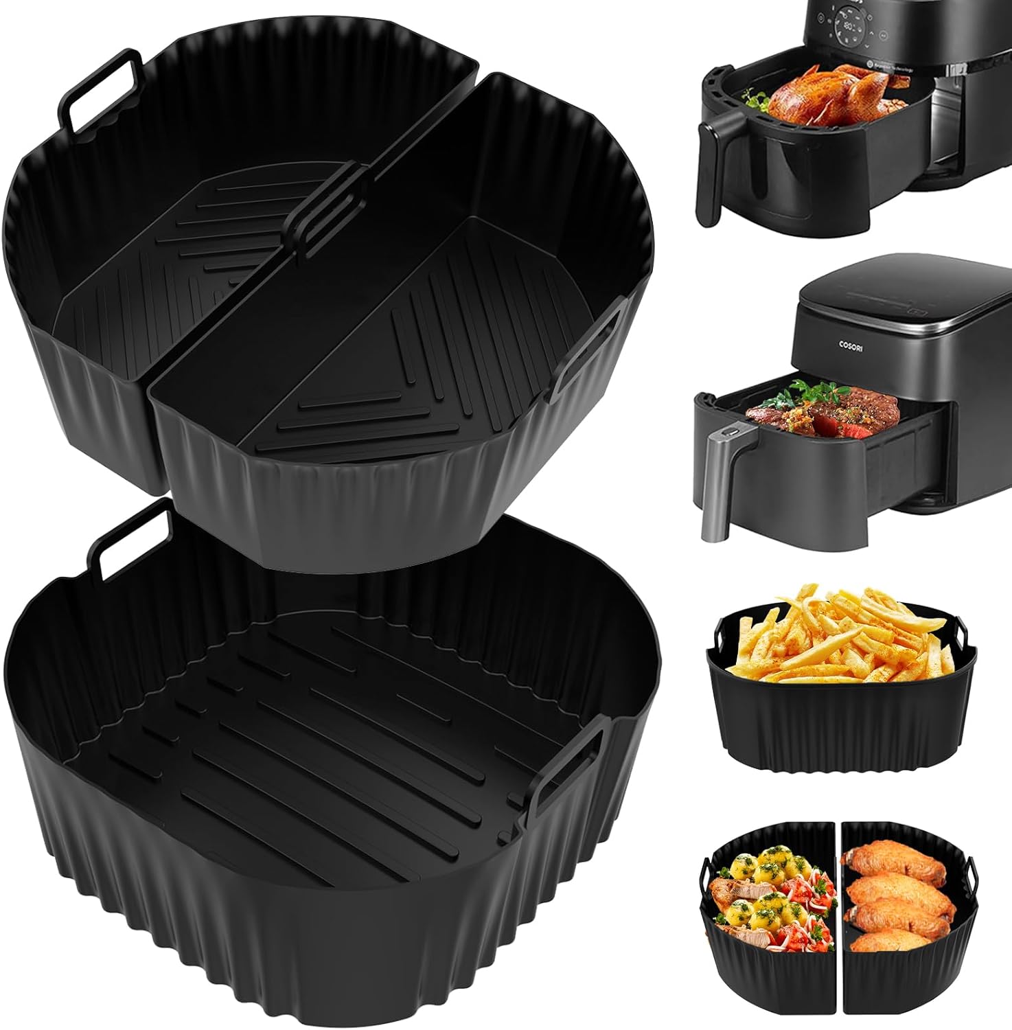 Moule Silicone Air Fryer, Accessoires Air Fryer pour Philips XL 6,2L/8,3L, Moulinex 7.5L, COSORI 5,5L/6L/6,2L/6,4L, Russell Hobbs XXL 8L 8,3L, 3 Pièces Plat Silicone Air Fryer 1 x 6.2L & 2 x 3.1L Noir 22-23cm