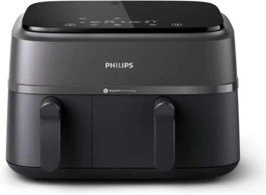 Philips Air Fryer Série 3000 Double Panier - Cuisson saine, rapide et polyvalente, capacité de 9 litres, écran tactile, conception à deux tiroirs (NA350/00), Noir Double Tiroir