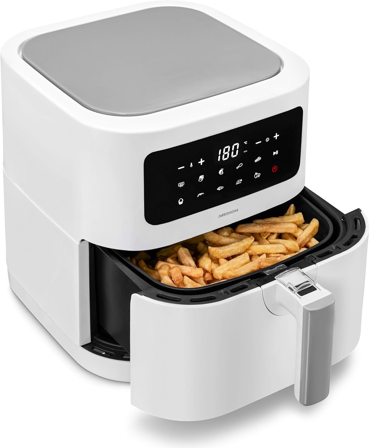 E40 XL Friteuse à air chaud (panier à friture XXL de 5,3 litres, 2 150 watts, 9 programmes automatiques, fonction cuisson, friture sans huile, panneau de commande tactile, affichage LED) blanc 5,2 litres Blanc