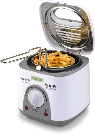 Friteuse à huile Augosoma 850-950W, petite friteuse électrique de 1 litre avec hublot, panier en acier amovible lavable, température réglable, pieds caoutchoutés antidérapants, blanc 1L