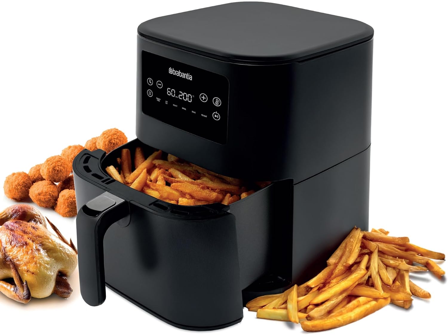 Friteuse à Air Chaud XXL, 5,7 Litres, 1700 Watts, 80ºC à 200ºC, 6 Programmes de Cuisson, Écran Tactile Numérique, Poignée Cool Touch, Pieds Antidérapants, Noir, BBEK1137