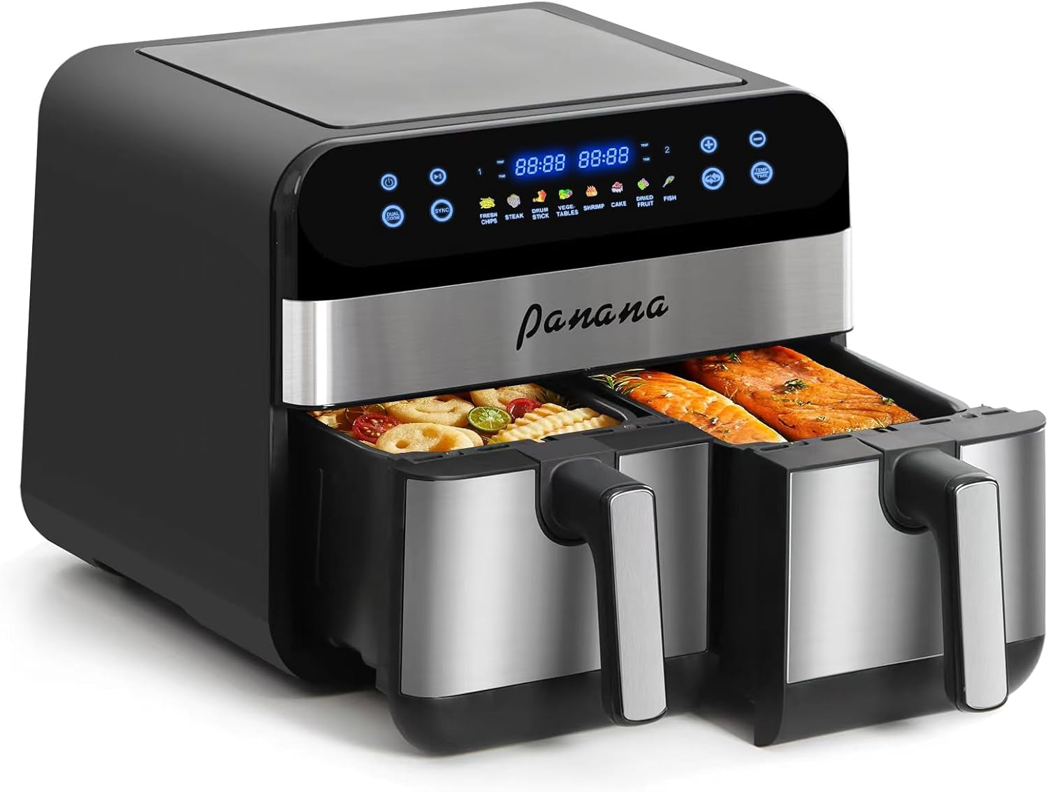 Panana Air Fryer avec Double Compartiment, Friteuse Sans 2x4.5L 8 Programmes 2400W, Friteuse à Air Chaud, Friteuse Electrique avec LED Écran Tactile, Airfryer avec 2 cuves séparées