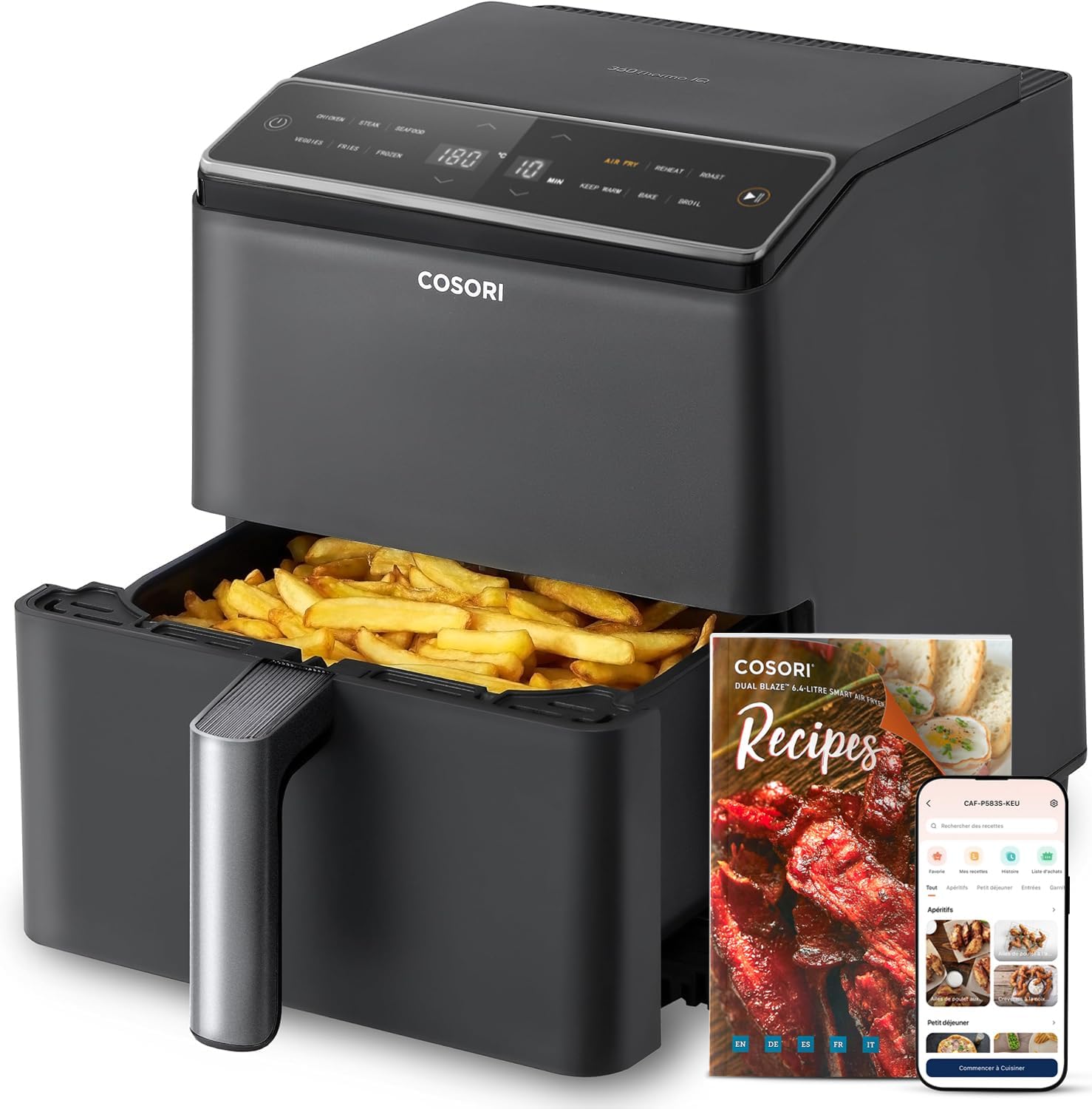 Air Fryer Dual Blaze 6.4L 12 Programmes Chauffage à Air Chaud à Circulation Tridimensionnelle,Parfect pour le Régime Hyperprotéiné, Noir Brillant