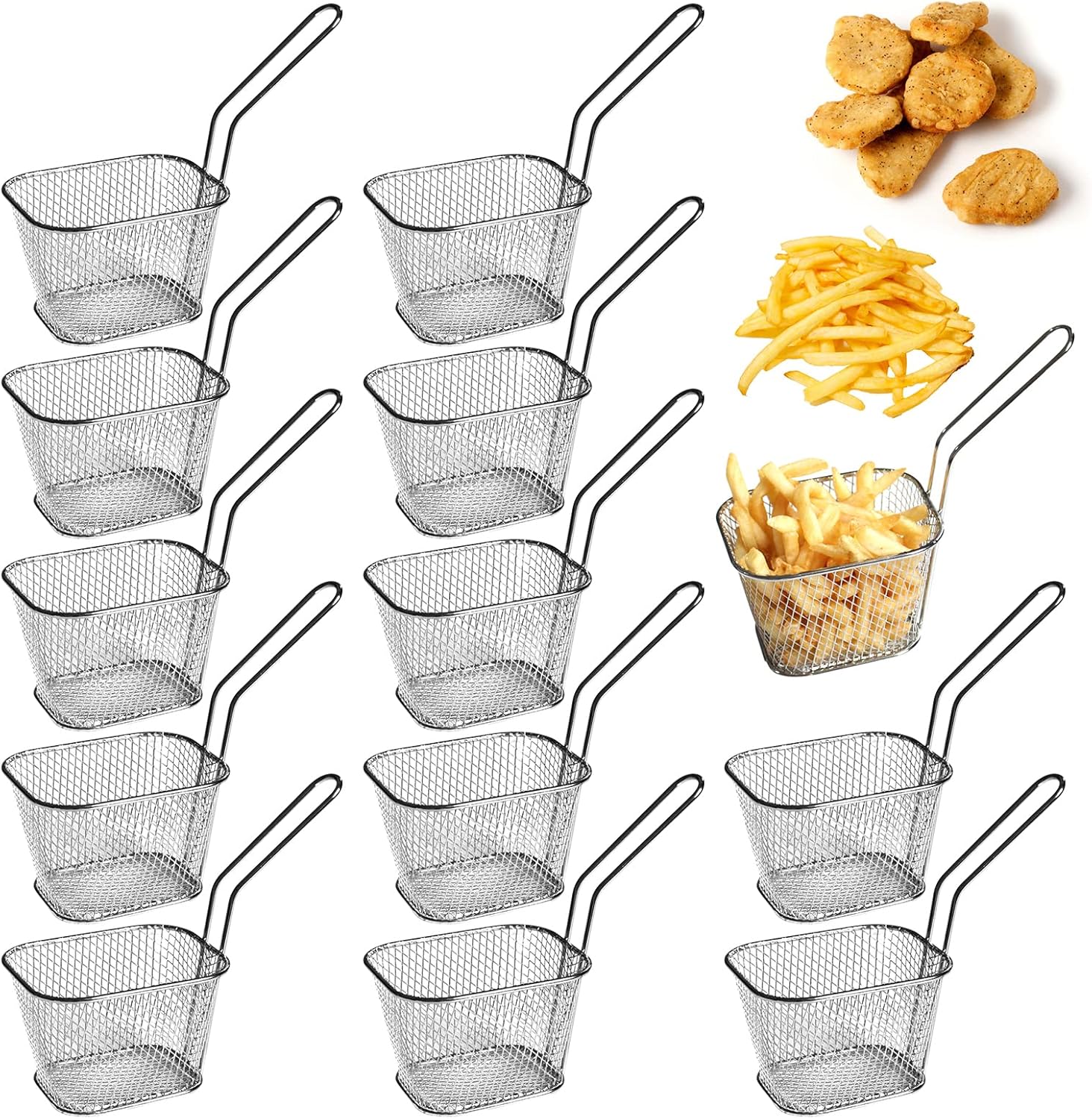 Sporgo, Lot de 12 paniers à frites en acier inoxydable - 15 x 6 x 4 cm, 200 g, avec anse - Idéal pour frites, poulet rôti, rondelles d'oignon, crevettes et autres aliments frits