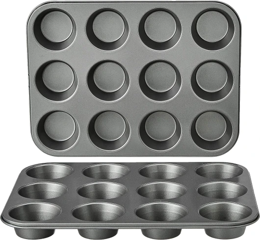 Ronde moules à muffins en acier carbone antiadhésif, Lot de 2, Gris Moules à muffins uniquement