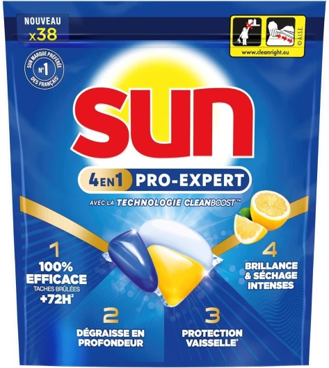 Pro Expert - Pastilles Lave Vaisselle - Action 4 en 1 - Citron - Elimine 100% des taches brûlées de +72h - dégraissent en Profondeur - 38 Capsules