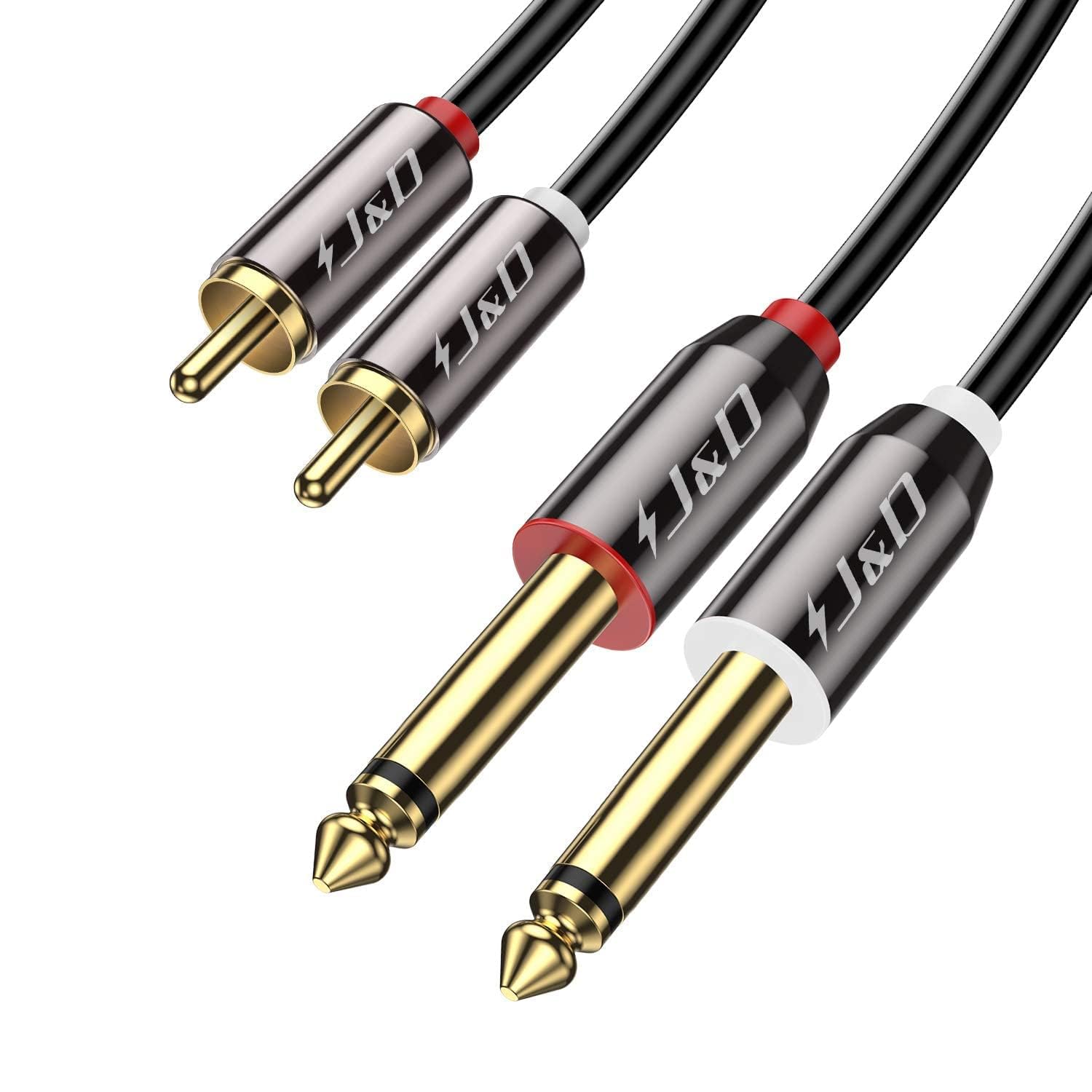 J&D RCA vers Jack 6,35mm Câble 6 M, Plaqué Or Coquille de Cuivre Heavy Duty 2 x 6,35mm (1/4 Pouce) Mâle TS à 2 RCA Mâle Connecteur Adaptateur Audio Stéréo Haut-Parleurs 6 Meter Noir