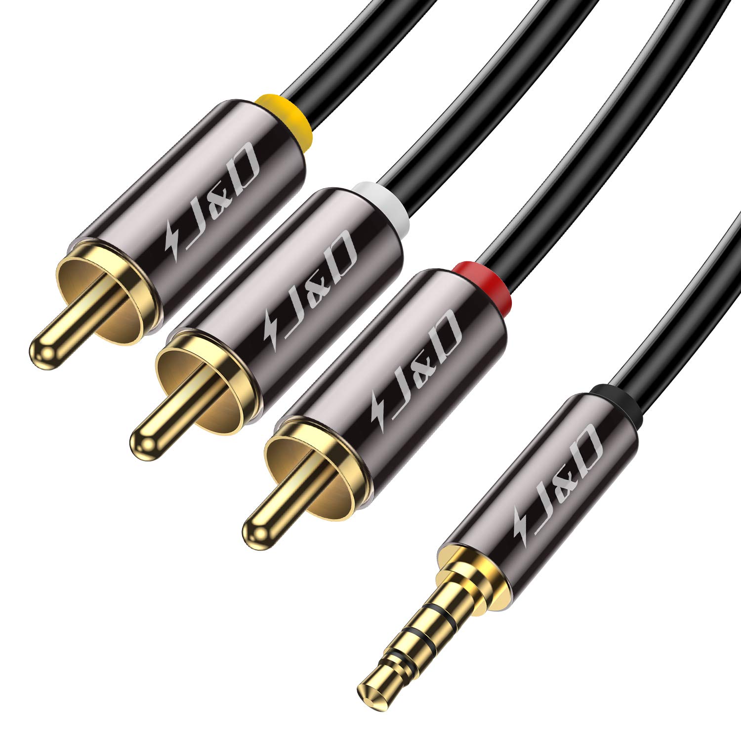 J&D 3,5 mm à 3RCA Câble, RCA Câble Plaqué Or Coquille de Cuivre Heavy Duty 3,5mm (1/8 Pouce) Mâle TRRS à 3 RCA Mâle Adaptateur Audio stéréo RCA Câble, 1.8 Meter
