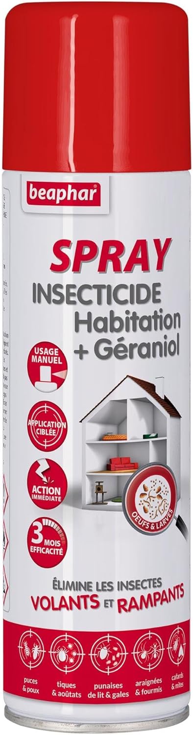Spray insecticide habitation + Géraniol – Tue les insectes volants, rampants, les œufs et larves – Pour traiter des zones ciblées – Action longue durée jusqu'à 3 mois – Flacon 500ml